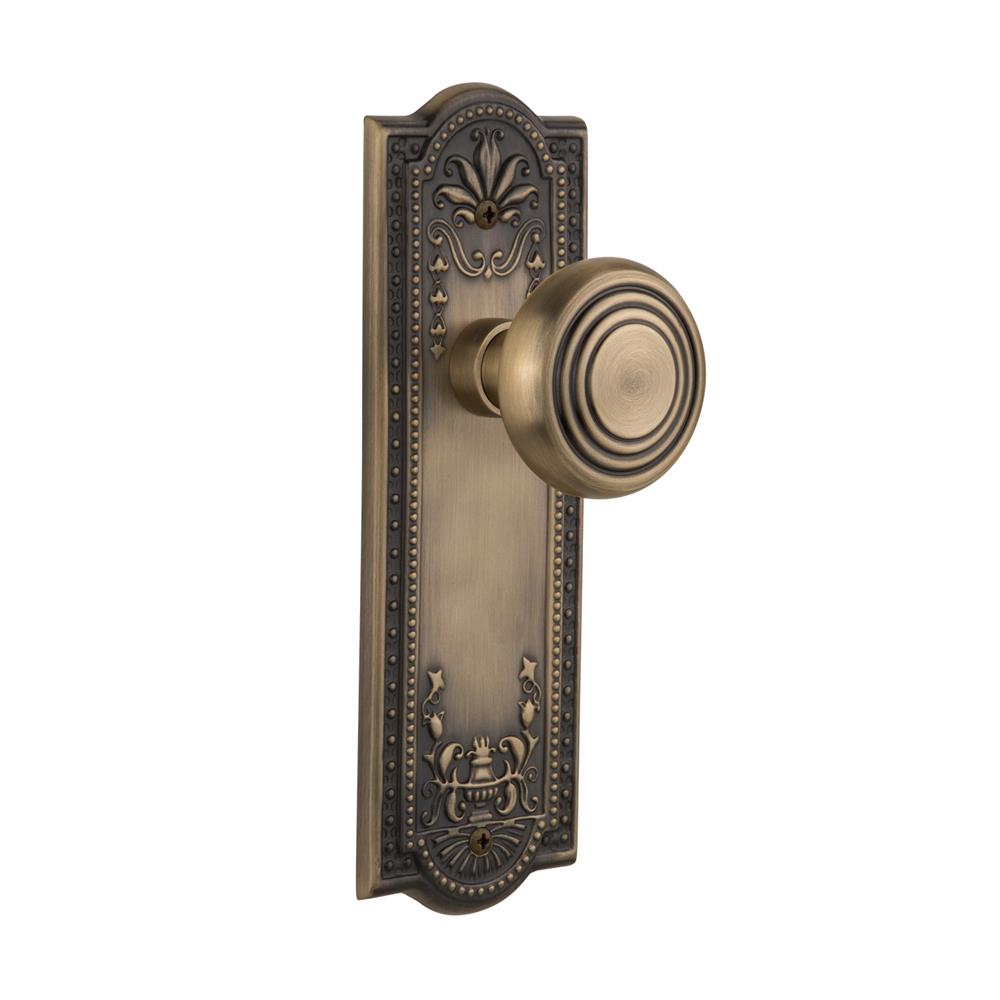 Nostalgic Warehouse MEADEC Complete Passage Set Without Keyhole Meadows Plate with Deco Knob in Antique Brass